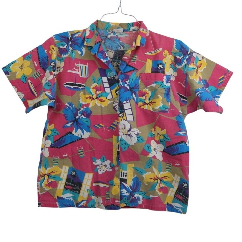 VTG 90s Tropical Floral‎ AOP Hawaiian Button Down Shirt Palmettos Size Large